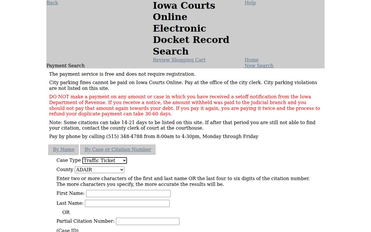 Cedar County warrant check through the Iowa court debt search