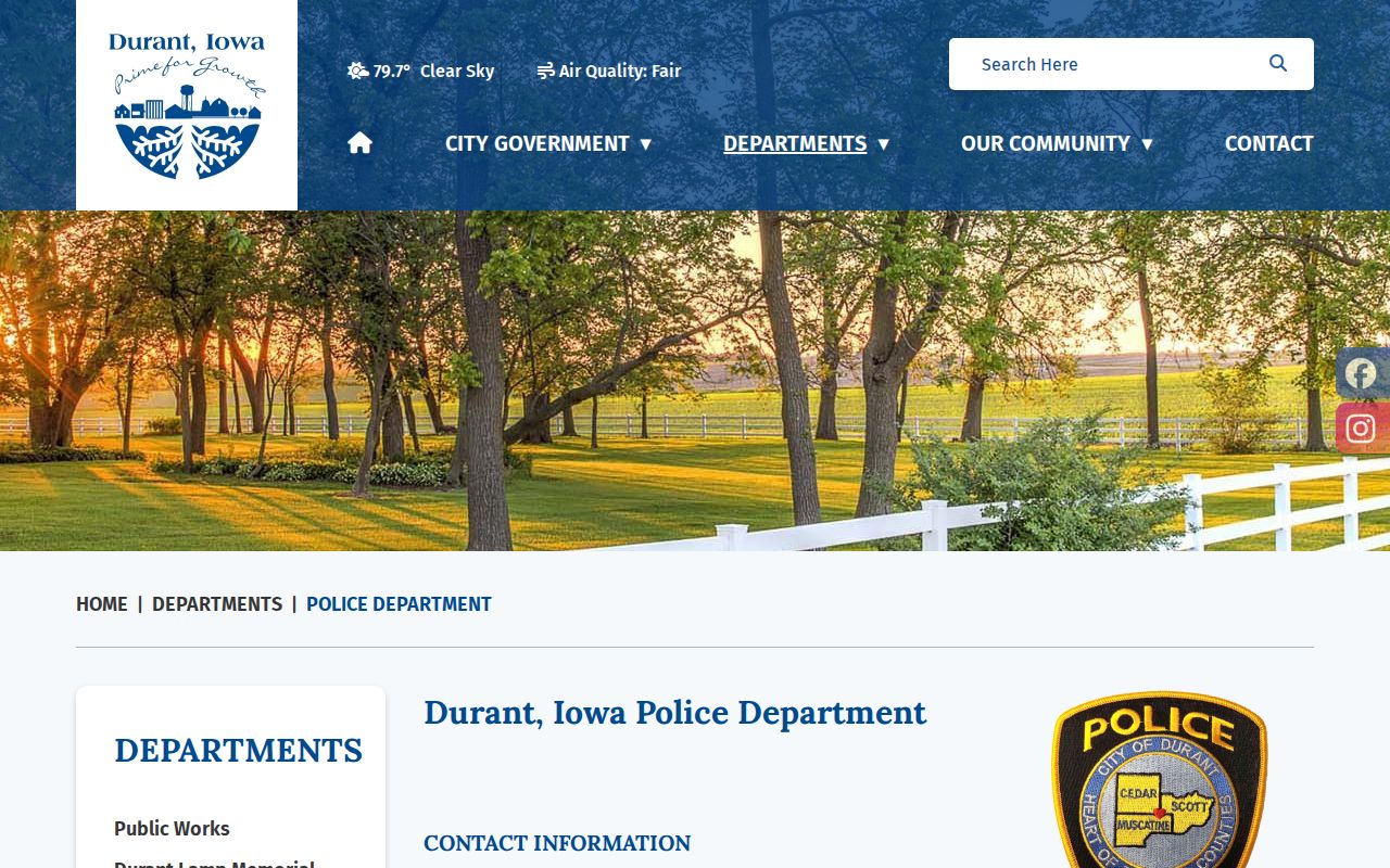 Official Durant Police Department webpage with department contact and dispatch information