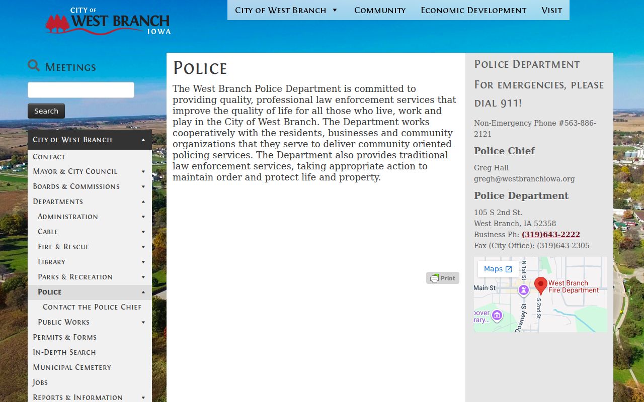 West Branch Police Department official webpage showing department information