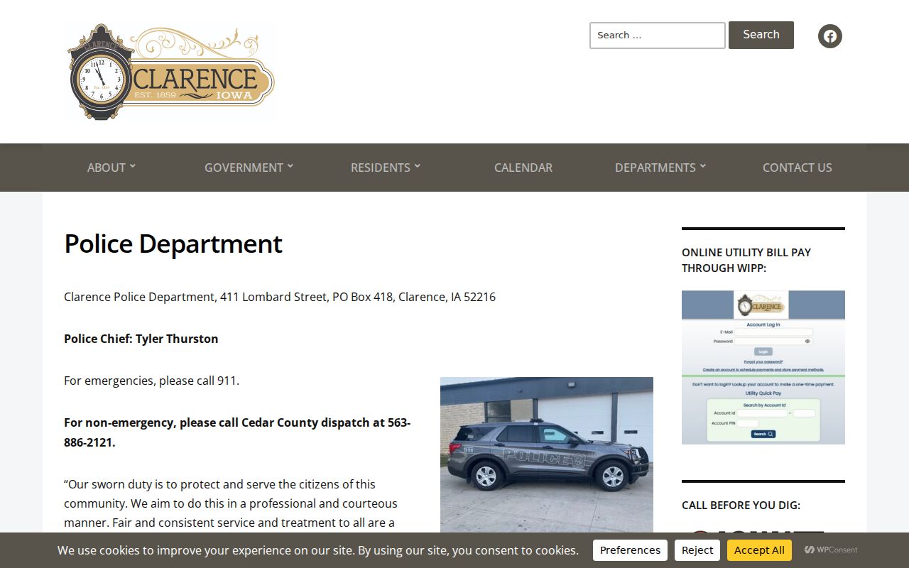 Official Clarence Police Department webpage with city and county dispatch contacts