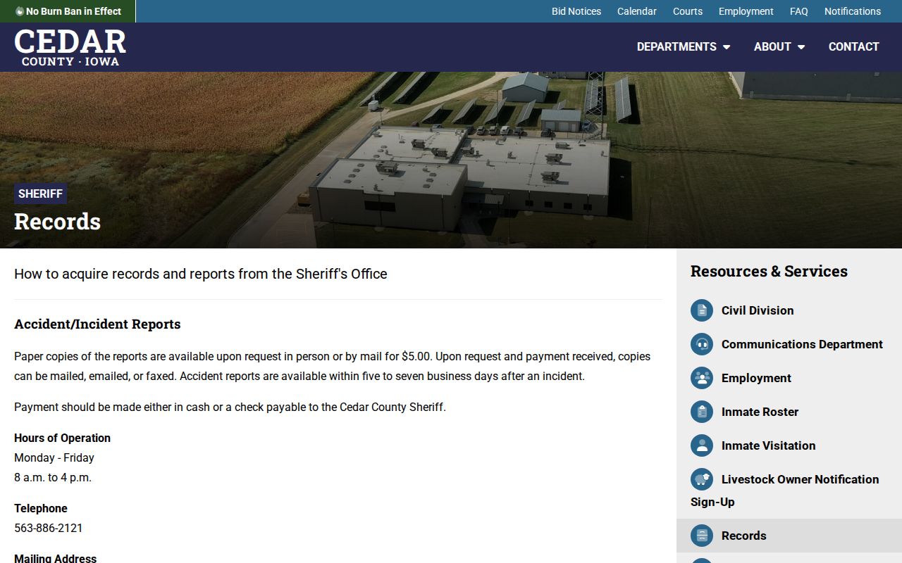 Cedar County warrant records request page and sheriff contact details