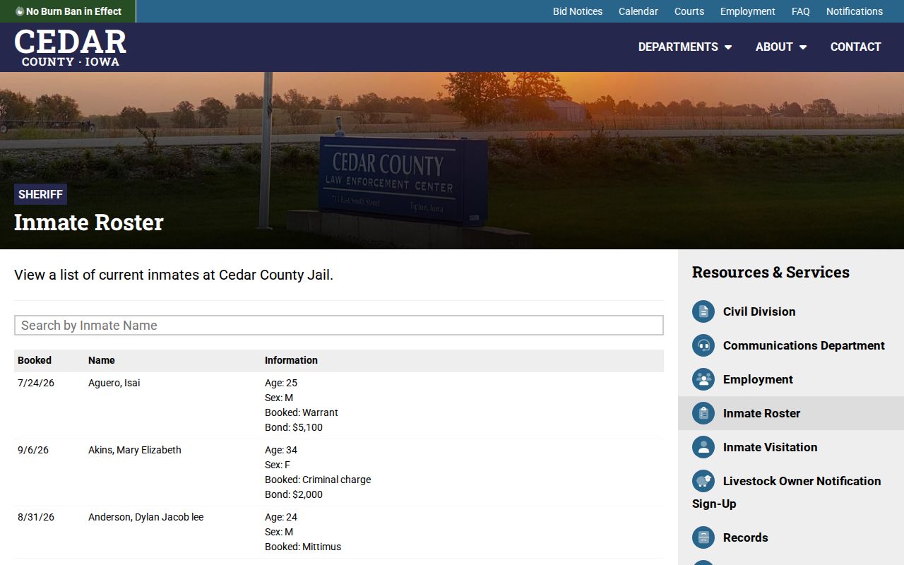 Cedar County warrant records and inmate roster name search field